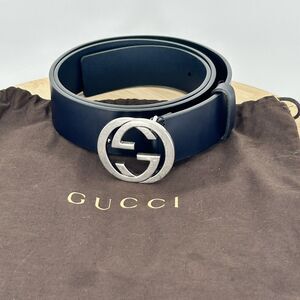Authentic GUCCI 368186 Interlocking Buckle Black Leather Belt Size 36 L 90cm